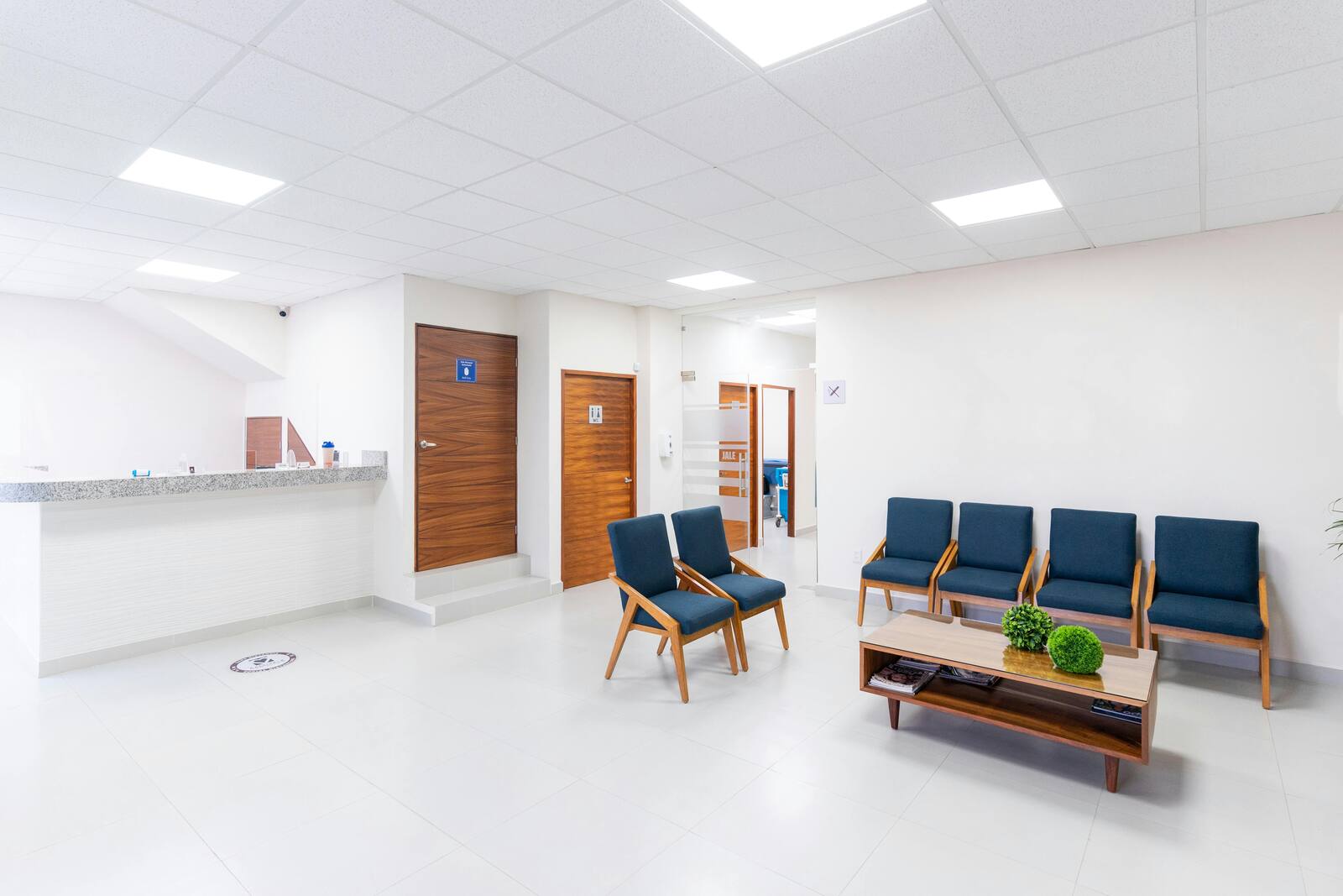 Empfang einer Physiotherapie-Praxis mit Tresen, Wartebereich und dem Blick in den Behandlungsraum