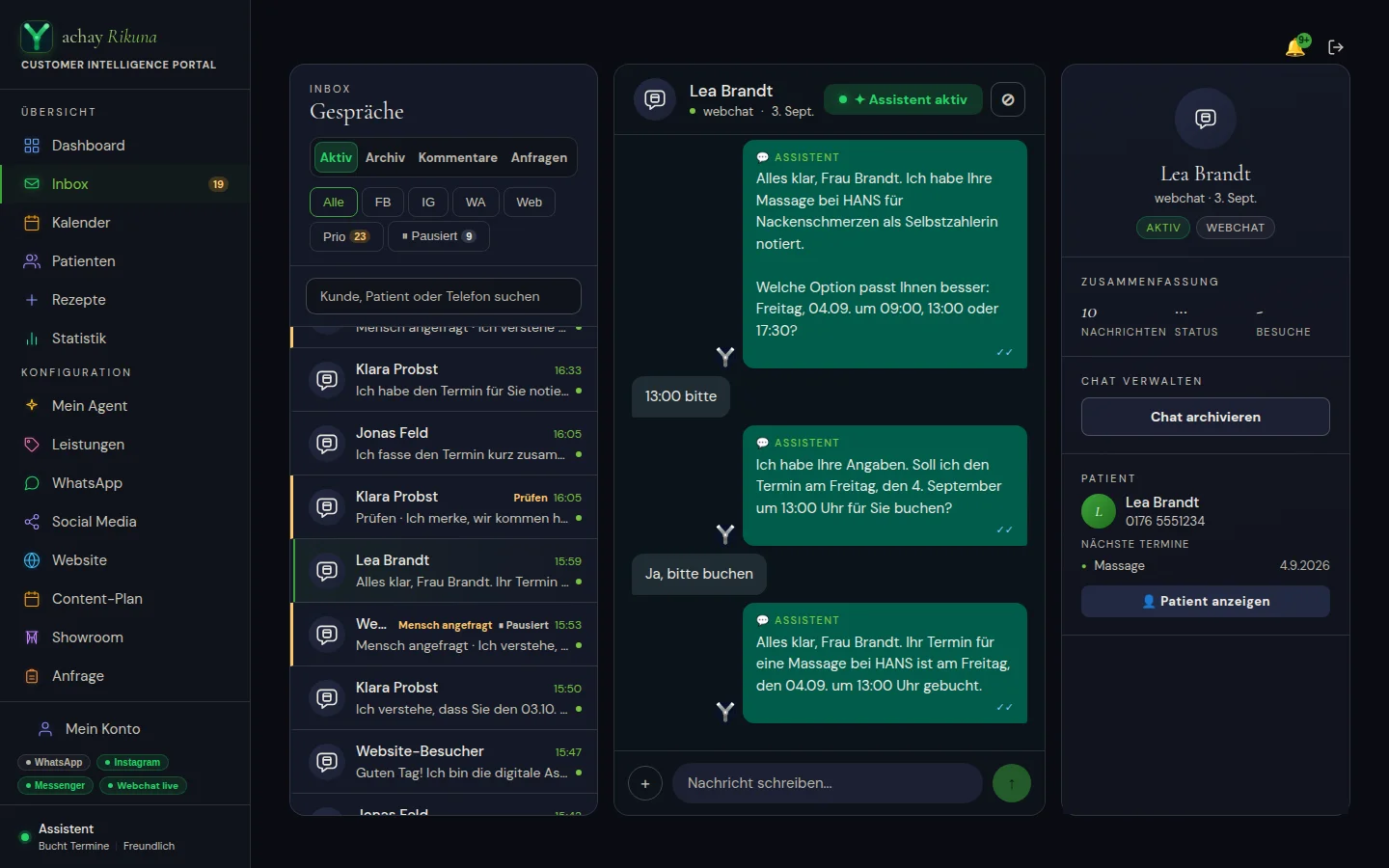 Rikuna Posteingang: der Assistent bucht eine Massage am Freitag um 13:00 Uhr